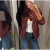 Solid Faux Suede Jackets Women's Stand Collar Full Sleeves Zip Cropped Coat Autumn Winter Lady Casual Outerwear