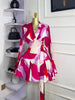 Women Tie Dye Print Flare Long Sleeve V-neck Sashes Ruffle Mini Dress Elegant Sexy Vacation Party Birthday Dresses