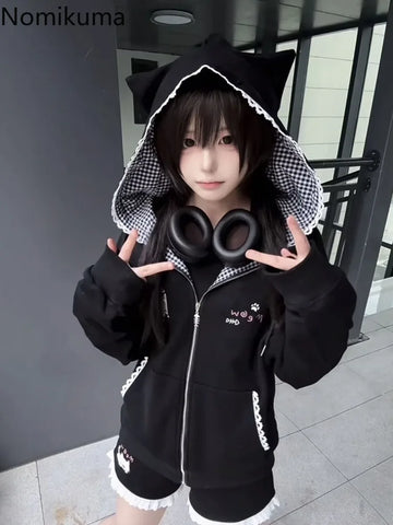 Cat Ears Hooded Sweatshirts Jackets Women's Clothing Long Sleeve Zipper Cartoon Jacket Casual Korean Y2k Hoodies Coats