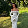 Mingmingxi Autumn Long Sleeve Maxi Dresses for Women Elegant Flare Sleeve Lace Dress Long Birthday Party Dresses