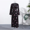Elegant Printed Satin Long Dress Women Slim Lace Up V-neck Full Sleeve Pleat Dresses Autumn Lady Party Evening Robes
