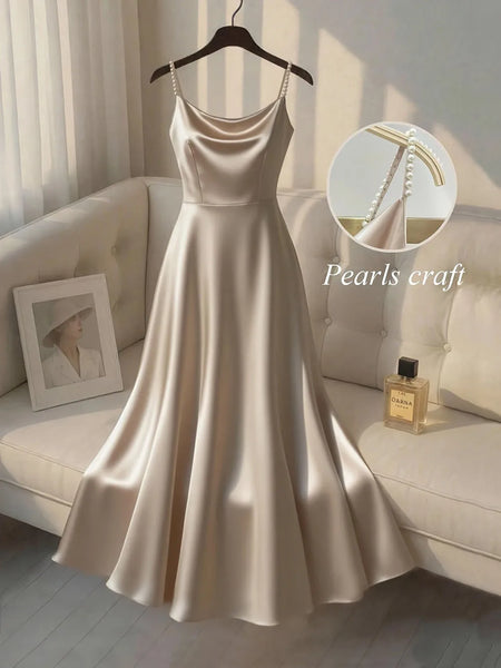 Pearl Strap Satin Slip Retro Dress Women's Elegant Solid Color Dress Strap Handmade Beaded Waist Collection Satin Gilded Dresses