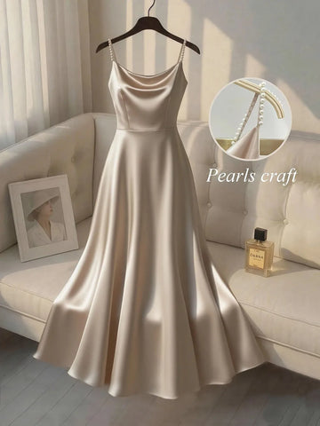 Pearl Strap Satin Slip Retro Dress Women's Elegant Solid Color Dress Strap Handmade Beaded Waist Collection Satin Gilded Dresses