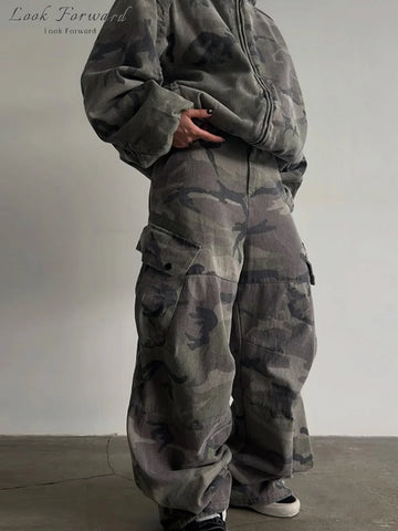Camouflage Printed Pant Set Women's Hooded Zipper Pockets Coats High-waist Wide-leg Trousers Autumn Outfit