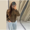 Vintage Faux Suede Jackets Women's Slim Full Sleeves Zipper Stand Collar Cropped Coats Ladies Autumn Solid Streetwear