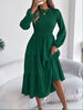 Women's Spring Vacation Solid Color Round Neck Long Sleeve Midi Dress with Ruffled Waist