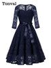 Sweetheart Neck Elegant Lace Long Swing Dress Women 3/4 Length Sleeve Belted Spring Autumn Vintage Ladies Midi Dresses