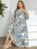 Plus Size Women's Blue-Brown Ethnic Paisley Print V-Neck Half Sleeve Tie Waist Dress
