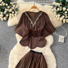 Elegant Rhinestone Pleated Skirt Sets Slim Party Club Vintage Dress American Women Clothes Two Piece Set 9R3018