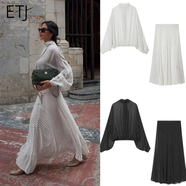 Women's Polka Dot Blouse Skirt Set Spring High Neck Batwing Sleeve Sheer Front Tie Bow Midi A-Line Dress Set
