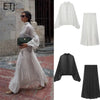 Women's Polka Dot Blouse Skirt Set Spring High Neck Batwing Sleeve Sheer Front Tie Bow Midi A-Line Dress Set