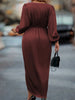 Women's Satin Evening Party Maxi Dress Draped Silk V-Neck Long Sleeve Office Lady Midi Dresses Vestidos Sexy Chic Robes Longue