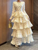 Elegant Spliced 3D Flower Dresses for Women O Neck Long Sleeves High Waist Patchwork Ruffles Folds Dress Female
