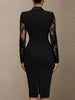 Sexy Deep V-neck Women Dress Black Sheer Lace Splicing Long Sleeve Dress Lapel Collar Slim Elegant Commuting Party Dresses