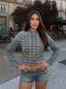 Women Vintage Double Breasted Denim Jacket Stand Collar Long Sleeve Jackets Female Streetwear Y2K Blue Denim Coat