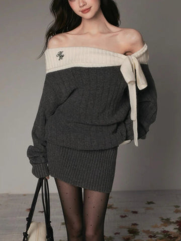 Vintage Off Shoulder Knit Dress Women Autumn Winter Sweet Style Long Sleeve Bow Design Dress Thick Warm Elegant Outfit
