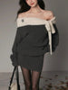 Vintage Off Shoulder Knit Dress Women Autumn Winter Sweet Style Long Sleeve Bow Design Dress Thick Warm Elegant Outfit