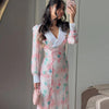 Printed Women Dress V Neck Long Sleeve Dress High Waist Chiffon Dress Single Breasted Tie Design Stylish Elegant Outfit