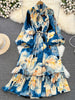 Spring Autumn Women's Long Sleeved Dress Temperament Loose Large Size Lace Up Printed Long Dress Female C329