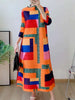 Contrast Color Printing Pleated Dress Women Round Neck Long Sleeves Dresses Party Spring 2AA1751