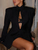 Sexy Black Hollow Blazer Dress Women Elegant Full Sleeve Shoulder Pads Cinched-waist Mini Dresses Lady Evening Partyrobe
