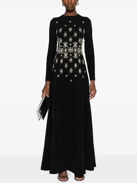 High Street Designer Vestido Women's Long Sleeve Diamonds Beaded Long Maxi Dress