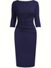 Womens Elegant Round Neck 2/3 Sleeve Work Office Knee Length Solid Business Casual Party Ruched Pencil Bodycon Sheath Dress