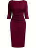 Womens Elegant Round Neck 2/3 Sleeve Work Office Knee Length Solid Business Casual Party Ruched Pencil Bodycon Sheath Dress