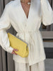 White Stand Collar Long Pant Suits Women Chic Solid Full Sleeves Single Breasted Loose Pants Set Lady Daily Street Outfit