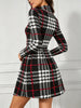 Women Autumn Winter Vintage Plaid Dress Funnel Neck Long Sleeve Elegant Mature Versatile Casual Party Midi Dress