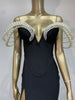 Women Celebrity Sexy Off Shoulder Pearl Black Maxi Long Bandage Bodycon Dress Elegant Evening Club Party Outfit