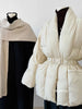 Lagabogy Winter Belt Waist-Tight Elegant Warm 90% White Duck Down Jacket Female Long Sleeve Solid Color V-neck Puffer Coat