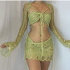 Three Pieces Sweater Dresses Sets For Women Party Sequins Hollow Out Knitted Dress Long Sleeve Crop Top and Bra and Skirts