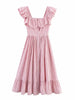 Flying Sleeve Ruffle Striped Slip Long Dress Women Elegant Square Collar Waist Cinching Pleat Party Dresses Chic Ladies Vestido