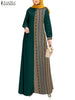 Women Ethnic Printed Panels Maxi Dress Long Sleeve Hijab O Neck Muslim Islamic Patchwork Vestidos Loose Casual Abaya Robe