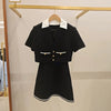 Women's A-Line Short Dress, Wide Leg Pants or Contrasting Collar Long Sleeve Coat Top Black Tweed Gold Buckle Set+Short Robe