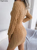 V Neck Casual Short Knit Dress Autumn Winter Women Solid Long Sleeve Dress Lady Khaki Bodycon Knitted Dresses