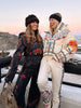 Printed Hooded Puffer Coat Suspender Ski Pants Zip‑Up Slim Fit Winter Women Snow Outfit Warm Lady Two‑Piece Ski Set