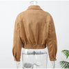 Retro Brown Suede Lapel Zippered Short Jackets Women's Casual Full Sleeves Pocket Loose Coats Spring Daily Commute Outwear