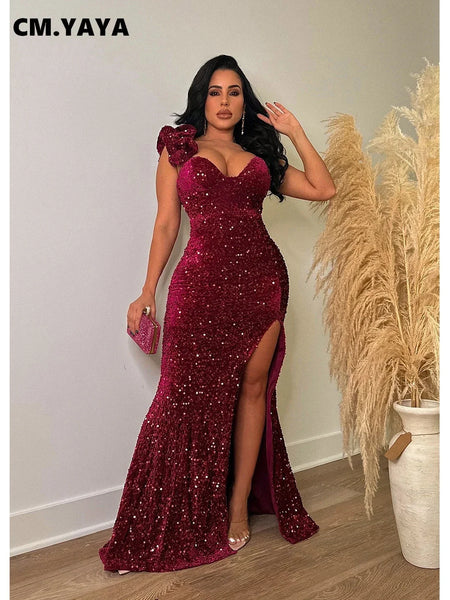 Women One Shoulder Open Back Sequined High Side Split Mermaid Maxi Dress Sexy Club Evening Party Dresses Vestidos