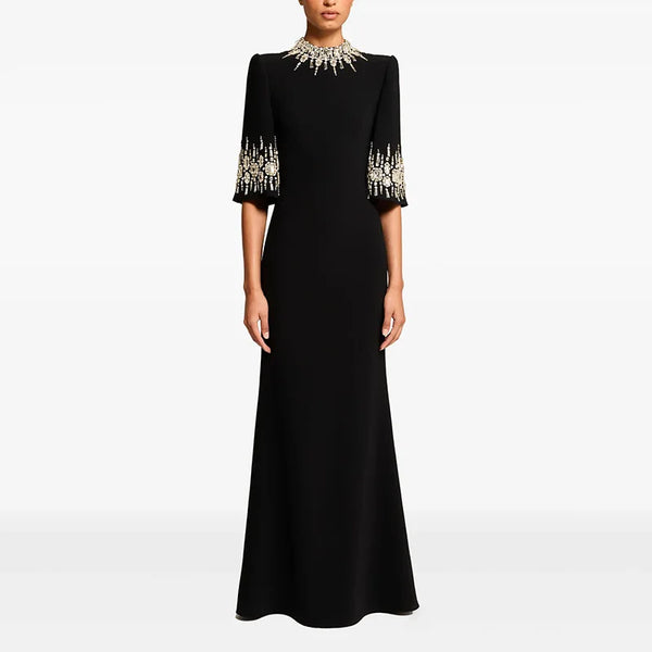 High Street Designer Party Vestido Women's Pearl Studded Diamond Long Dress