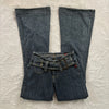 Y2K Vintage Low Rise Flare Jeans Women Harajuku Pockets Buckle Belt Blue Denim Pants Gothic Girl Slim Fit Trousers