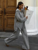Women's Autumn Winter Collared Half Zip Ribbed Knit 2-Piece Set Oversized Wide Leg Pants Sweater Suit