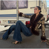 Printed Faux Fur Splicing Jacket Autumn Winter V-neck Slim Waist Cinched Full Sleeve Cropped Coat Women's Outwear