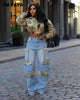 Washed Denim Women's Set Full Sleeve Floral Jacket and Pockets Cargo Jeans Pants Suit Street Two 2 Piece Set Outfit