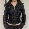 Women Faux Leather Jackets Solid Short Coat Zipper Pocket Turn Down Collar Long Sleeve Waist Cinched Slim Streetwear Autumn