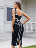 Classic White And Black Stripes Bandage Long Evening Dress Contrast Vintage Woman Bodycon Elastic Dress Slim Midi