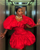 Red Puff Sleeve Mini Dress Women Sweetheart Neck Ruffle Trim Balloon Hem Bodycon Party Club Evening Cocktail Dress