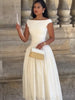 Minimalist White Boat Neck Midi Dress Women Elegant Cap Sleeve A-line Flare Eyelet Embroidery Vestido Wedding Formal Party Gown