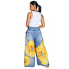Women Fake Denim 3D floral Print Loose Wide Leg Jogger Pants Streetwear Active Hip Hop Sweatpants Trousers